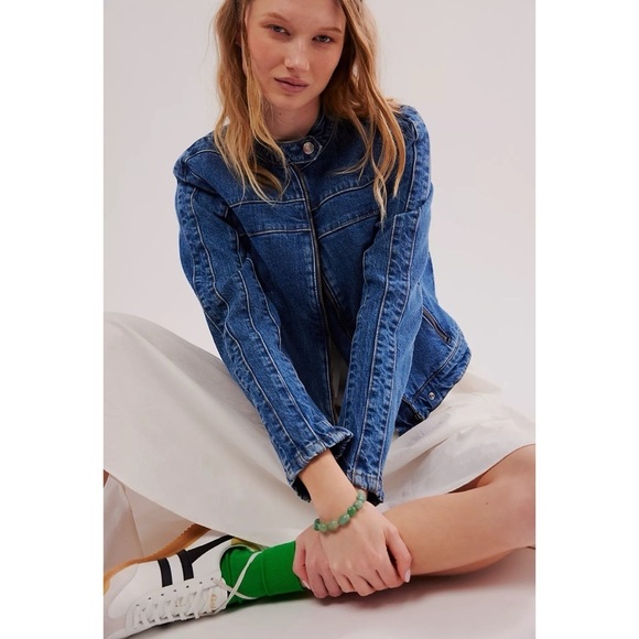 New Free People Fast Lane Denim Moto Jean Jacket We The Free in Blue Jean - Picture 6 of 8